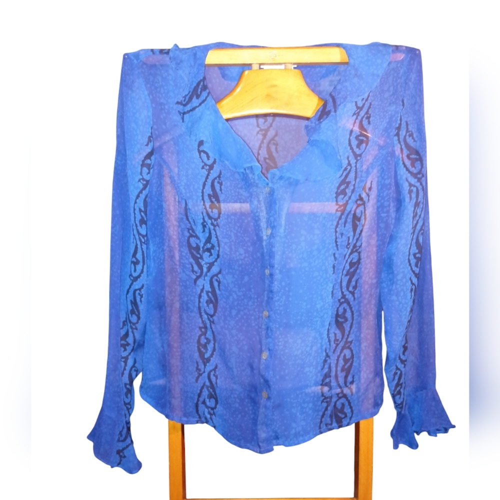 TESS 100% Silk Shirt Blue Sheer Size Large Women V Ruffled collar and cuffs